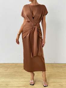 SHEIN Clasi Elegant Solid Color Drop-Shoulder Round Neck Tie Waist Bodycon Dress For Women - Coffee Brown - View 1