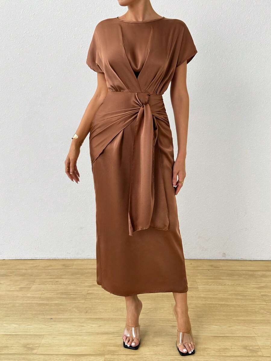 SHEIN Clasi Elegant Solid Color Drop-Shoulder Round Neck Tie Waist Bodycon Dress For Women - Coffee Brown - View 1