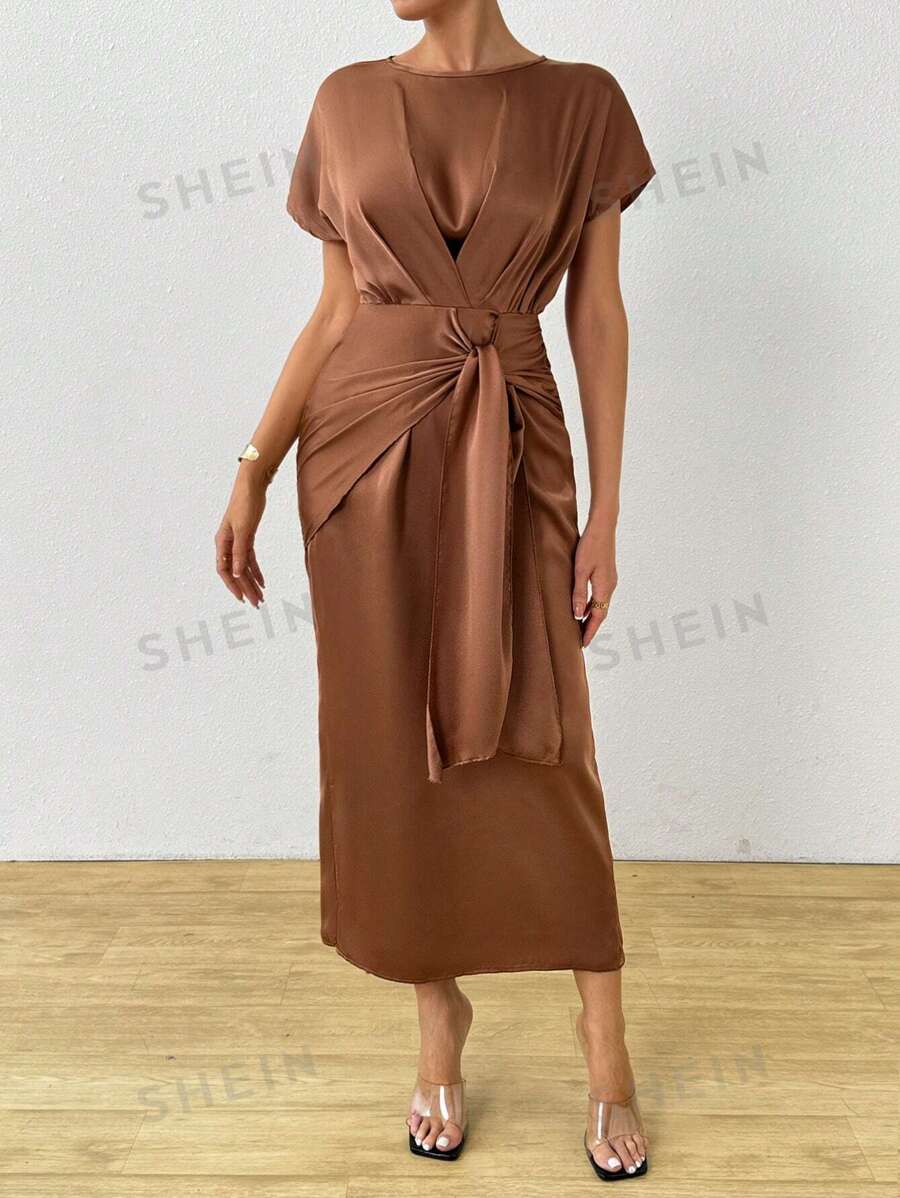 SHEIN Clasi Rochie elegantă, cu umăr, cu gât rotund, cu cravată în talie, bodycon, pentru femei - cafea maro - Vizualizare 1