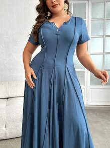 Modelyn 加大码纽扣领口压褶细节短袖连衣裙，适合海滩、派对、夏季、休闲、度假和约会的连衣裙 - 霧霾藍 - 查看 5