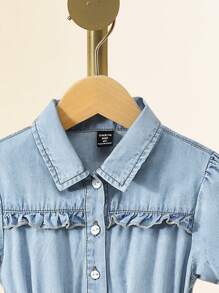 Young Girls Ruffle Hem Belted Denim Dress - Light Wash - View 6