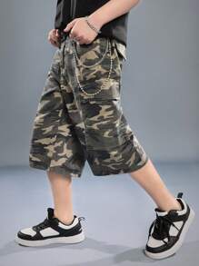 SHEIN 青少年男孩夏季時尚迷彩多口袋毛邊牛仔長褲，適合日常穿搭