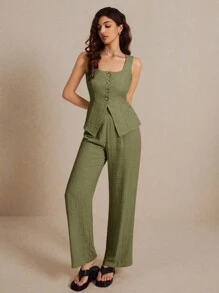 Poéselle Bộ đồ vải lanh mùa hè Bộ đồ hai mảnh dành cho nữ Thời trang trơn có nút màu sắc tương phản Bộ áo không tay và quần dài Mặc thoải mái Vải thoáng khí Mềm mại Thích hợp để đi lại Trang phục hàng ngày trong kỳ nghỉ - xanh quân đội - Xem 3