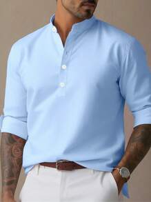 Men Plain Color Half Button Shirt - Blue - View 1