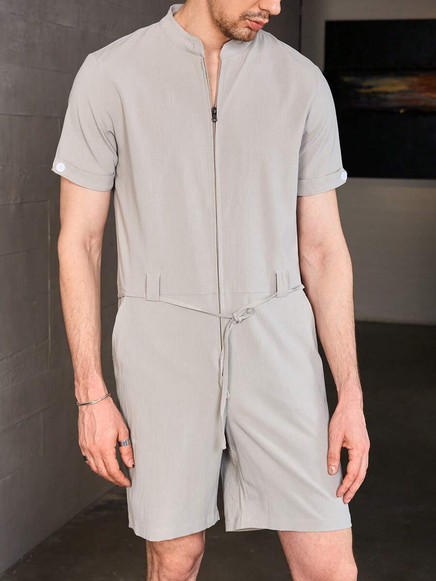 Manfinity Homme Men Zip Up Drawstring Waist Romper For Summer - Grey - View 1