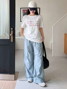 DAZY SHEIN X AYA NAKAMACHI Quần ống rộng lưng thun chắc chắn - Màu xanh lam - Xem 9