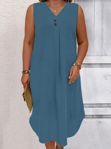 EMERY ROSE Plus Size Effen Kleur V-hals Mouwloos Casual Zomerjurk Maxi Dames Outfit