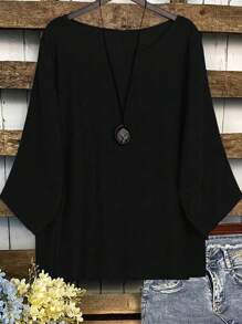Linhara Plus Solid Batwing Sleeve Blouse - Black - View 5