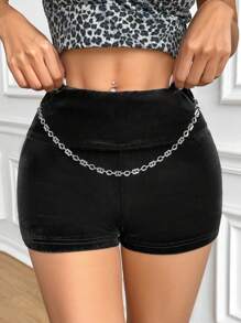 SHEIN Unity Ladies' Velvet Shorts With Metal Chain Decoration - Black - View 1