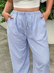 SHEIN EZwear 女士加大碼寬鬆夏季藍白直條紋長褲，休閒款式 - 寶藍色 - 查看 4