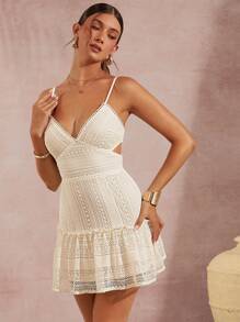 L'Amorae Cut Out Backless Ruffle Hem Lace Cami Dress - Beige - View 7