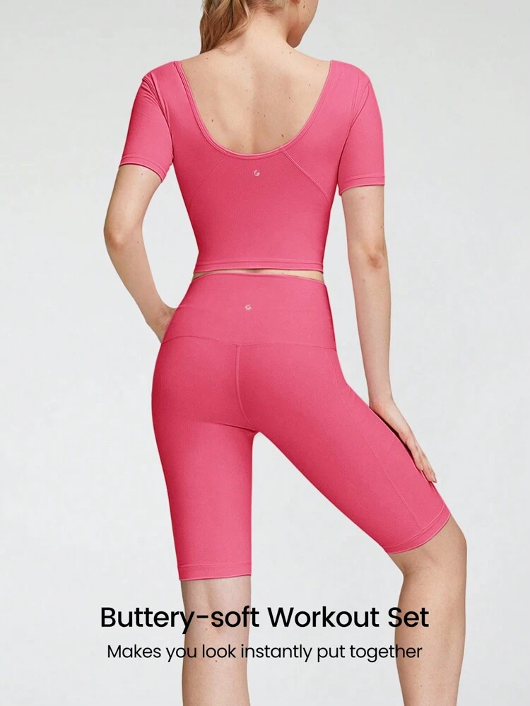 2 Pieces FeatherFit™ U-Back Cropped Active Tank & 4.3" Tummy Control Biker Shorts Set Low Impact Yoga Pilates Daily