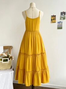 Soleia Vestido largo tipo A de ocio estilo festival de música para mujeres de vacaciones, decoración de botones y empalmado de encaje - Amarillo - Ver 2