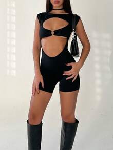 INAWLY Cut Out Front Unitard Romper