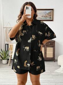 SHEIN LUNE Plus Leopard Print Drop Shoulder Blouse & Shorts, For Summer - Black - View 1