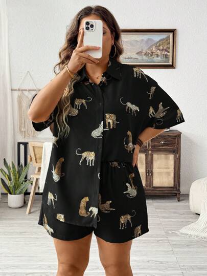 SHEIN LUNE Plus Leopard Print Drop Shoulder Blouse & Shorts, For Summer