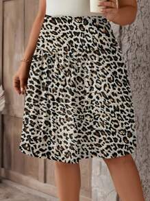 SHEIN LUNE Plus Leopard Print Slant Pocket Skirt - Multicolor - View 4