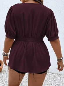 Vionelle Plus Puff Sleeve Fold Pleated Blouse Peplum Top - Red Violet - View 2