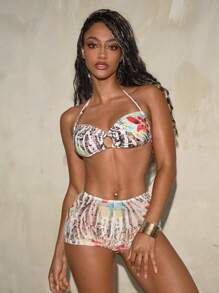 Swim Vcay Women's Summer Beach Snake & Floral Printed Halter Neck Tie Sexy Bikini Set