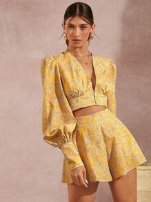 SHEIN Unity Marble Gigot Sleeve Top & Shorts Two Pieces Set