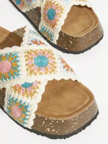 SHUZIA Chanclas de corcho tipo Birken de Ancho Amplio 2024, Sandalias de plataforma plana con acento de ganchillo en estilo retro de verano, Cómodas y Coloridas