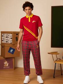 HARRY POTTER X SHEIN Pantalon de jogging à carreaux décontracté pour homme, de couleur grise et avec badge Gryffondor - Rouge - Voir 3
