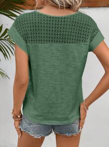 SHEIN Frenchy Áo thun nữ tay ngắn cổ chữ V màu trơn phối ren mùa hè - Màu xanh Ô liu - Xem 2