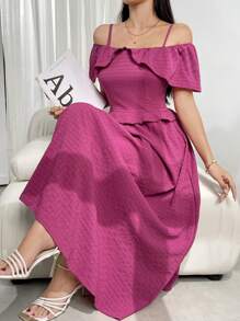 Mulvari Women's Solid Color Pleated Lace Trim Spaghetti Strap Off-Shoulder Sleeve Elegant Summer Dress