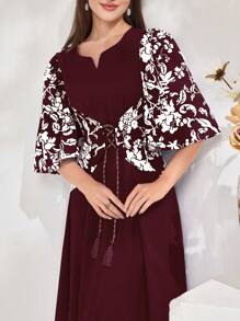 Al Najma 花卉印花V領流蘇腰帶連衣裙