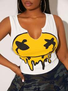SHEIN SXY Plus Size Women's Casual Yellow Cutout Smiling Face Printed White Tank Top, Easy To Match Hollow Out Knitted Casual, Ribbed Fabric - White - View 3