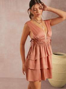 Hauture Vestido de verano asimétrico con volantes y tiras laterales - Rosa - Ver 1