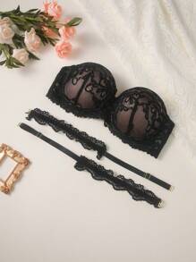 1入組蕾絲女性有鋼圈胸罩，性感內衣 - 黑色 - 查看 1
