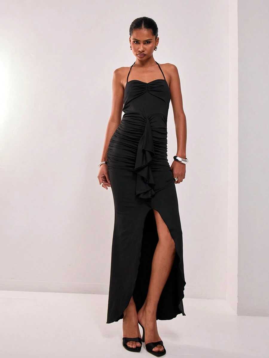 MUSERA Slinky Ruched Frill Maxi Dress Elegant Spring Summer Vacation Party - Black - View 1