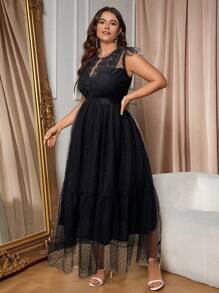 Cravure Plus Contrast Lace Ruffle Hem Mesh Dress Maxi Women Outfit Wedding - Black - View 5