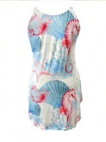 Plus Size Turtle Digital Print Casual Sleeveless Sexy Camisole Dress