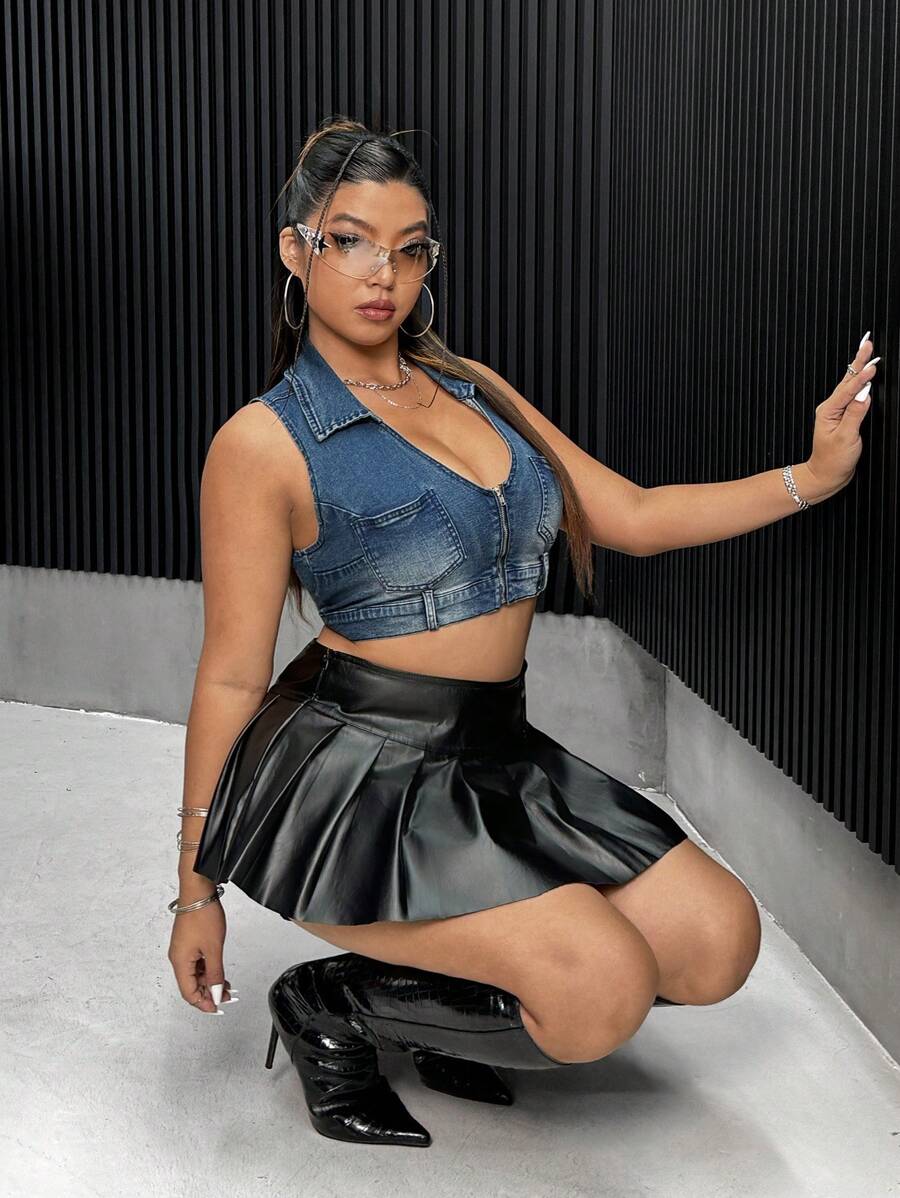 SHEIN ICON Plus Zip Up Crop Denim Vest Jacket