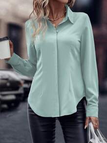 EMERY ROSE Solid Color Button-Front Casual Long Sleeve Shirt Fall Cloth For Women