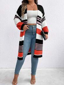 SHEIN LUNE Plus Striped Pattern Drop Shoulder Duster Fall Cardigan , Color Block