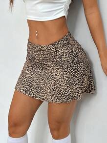 SHEIN EZwear Y2K Leopard Print Ruffle Hem Bodycon Mini Skirt - Mocha Brown - View 6