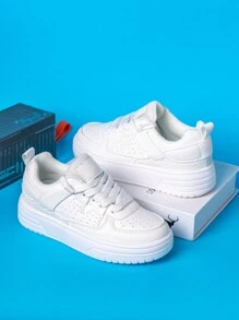 儿童春秋时尚纯色皮革运动鞋，系带时尚运动鞋，内部轻便柔软舒适，适合日常穿着、返校季节、校园学生鞋 - 白色 - 查看 4