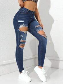 Flexra Ripped Cut Out Skinny Jeans - Dark Wash - View 5