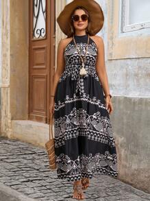 SHEIN VCAY Plus Retro Graphic Print Halter Neck Self Tie Dress - Multicolor - View 3