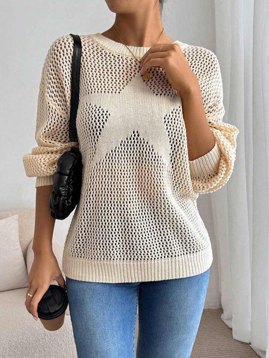 SHEIN Essnce 女士休闲时尚老款女式圆领毛衣，前中星提花镂空毛衣，长袖女士白色上衣，超大毛衣，秋季毛衣，学院风上衣，秋季女装 - 杏色 - 查看 1