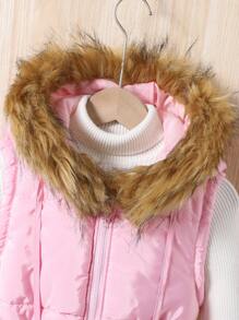 Tween Girls Hooded Sleeveless  Padded Coat With Fur Collar And Waist Drawstring - Pink - View 4