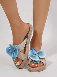 夏季女士户外平底碎花拖鞋，2024新款韩版时尚学生沙滩鞋，ins潮流 - 米色 - 查看 7