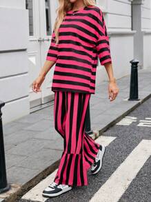 SHEIN Essnce Spring/Fall Oversized Striped Drop-Shoulder Top And Pants - Multicolor - View 4