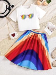 Girls' Summer Two-Piece Set With Short-Sleeved Casual Top And Fashionable Skirt - White - View 1