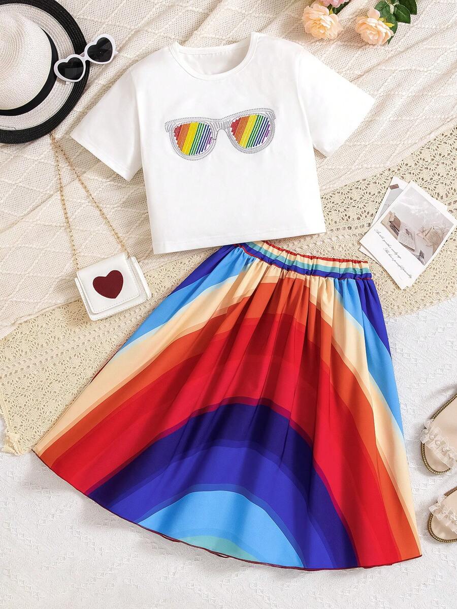 Girls' Summer Two-Piece Set With Short-Sleeved Casual Top And Fashionable Skirt - White - View 1