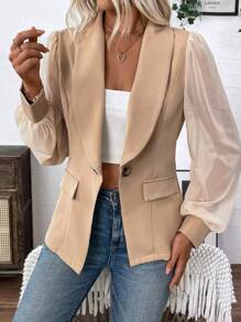 SHEIN LUNE Women's Khaki Mesh Splice Suit Jacket
