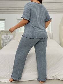 Plus Size Women's Blue Pitting Texture Bow Decorated Pajamas Set - Blue - View 2